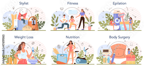 Beauty service and profession set. Beauty salon procedure. Stylist, nutritionist