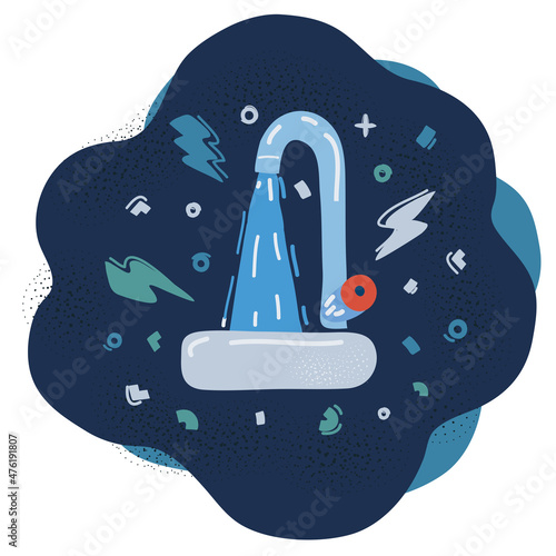 Vector illustration of C pouring water. tap over dark background