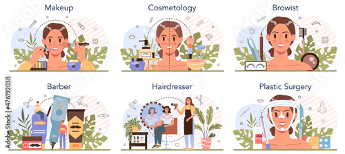 Beauty service and profession set. Beauty salon procedure. Barber