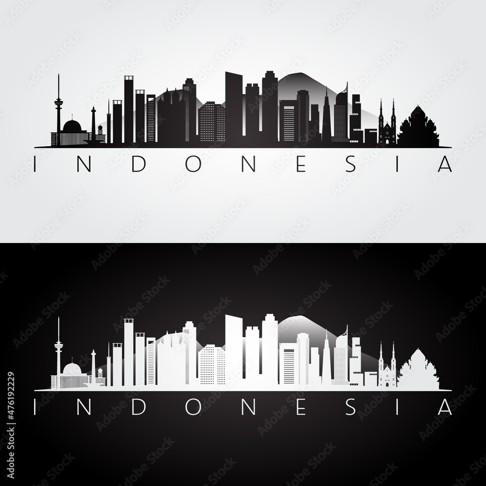 Indonesia skyline and landmarks silhouette, black and white design, vector illustration.