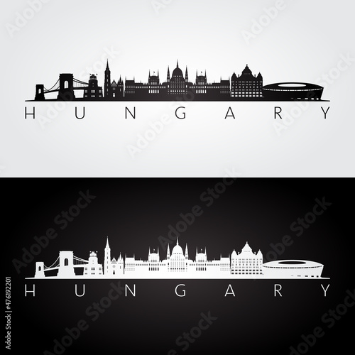 Photography Hungary skyline and landmarks silhouette, black and white design, vector illustration