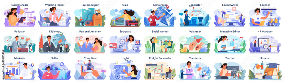 Fototapeta premium Humanitarian profession set. Business and social profession. Business, retail,