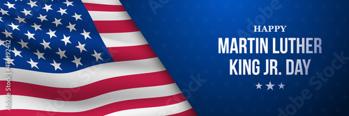 Martin Luther King Jr. Day vector banner. Background with American flag. Design template for banner, greeting card, invitation, web, flyer, etc.