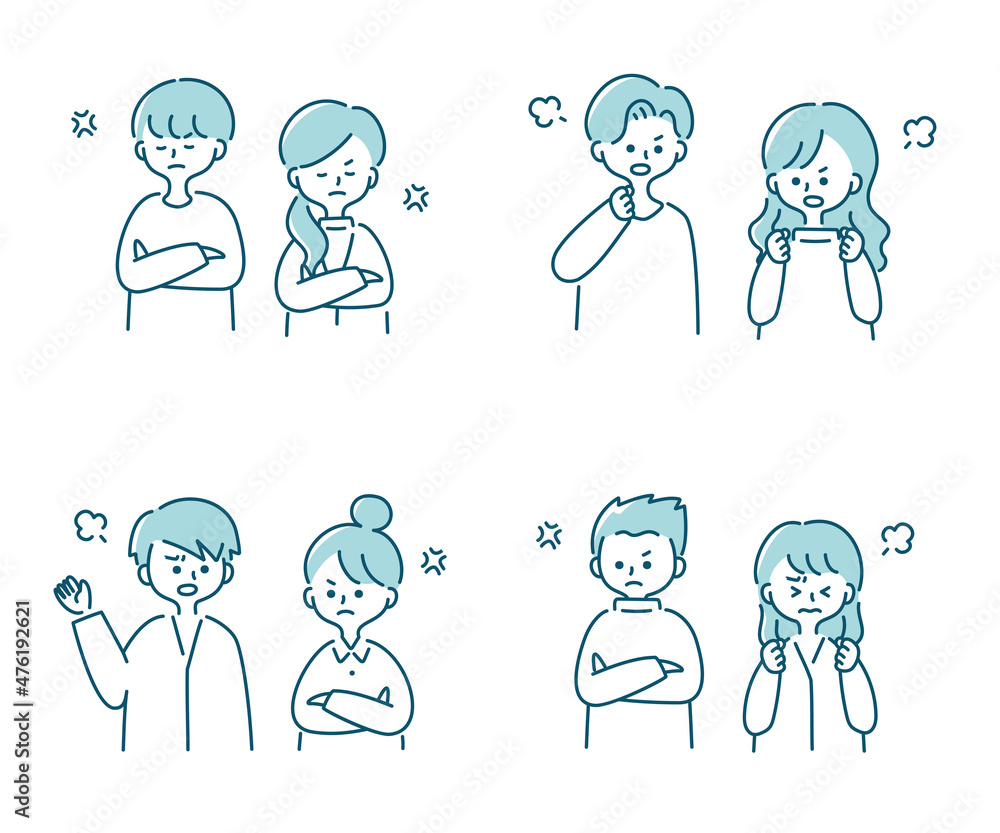 けんかする夫婦のイラストセット けんかする夫婦のイラストセット