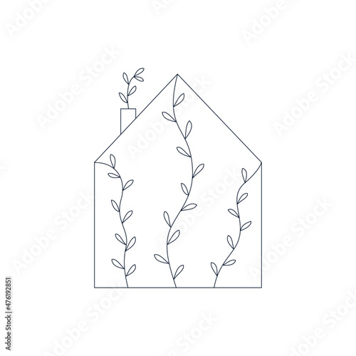 Eco house or garden emblem. Line art, outline vector illustration. Thin clean contour. Editable stroke.