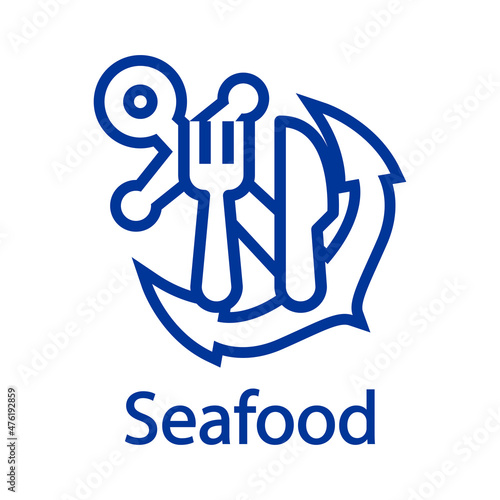 Logotipo restaurante. Banner con texto Seafood y silueta de ancla de barco con cubiertos con líneas en color azul