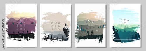 Abstract landscape. Frames set. Minimalist style. Flat design. Travel concept of discovering, exploring, observing nature. Hiking. Adventure tourism. Banners set with polygonal landscapes illustration