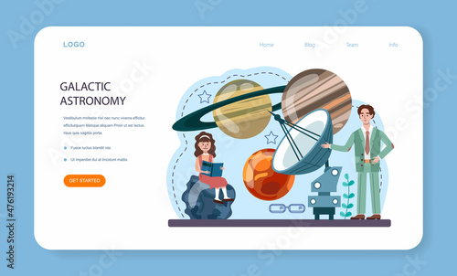 Astronomy school subject web banner or landing page. Students