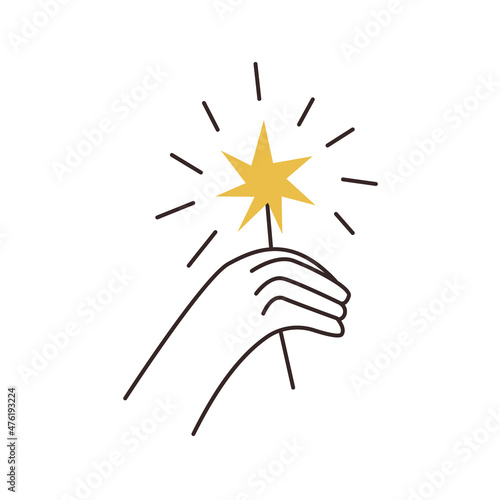 Female hand holding burning sparkler linear flat vector illustration. One festive bengal light, Christmas fire stick. Carnival firecracker, pyrotechnic, burning star party