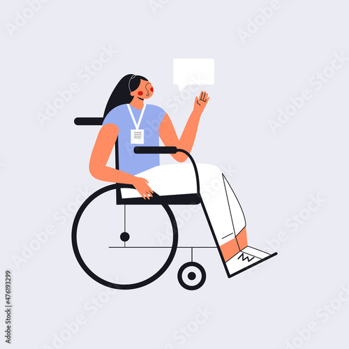 Young woman with disability in wheelchair working on project in inclusive office. Social inclusion concept with handicapped people. Positive girl in wheel chair. Flat vector cartoon illustration