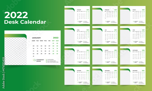 Desk calendar design 2022 template Set of 12 Months, Week starts Monday, Stationery design, calendar planner 