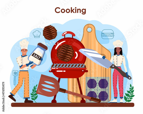 Fast food, burger house concept. Chef cook tasty hamburger with cheese