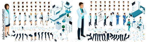 Isometric constructor. Woman and a man are doctors with a set of gestures and emotions. Create your own character. Set of furniture for a hospital room