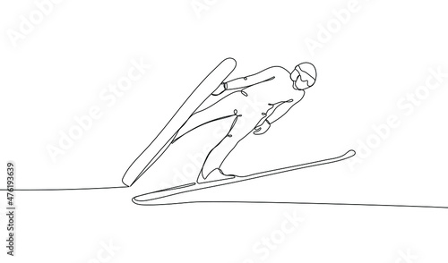 Continuous one line drawing of Jump skier on his flight over the land. Outdoor extreme sport. Winter season sport.  Vector illustration