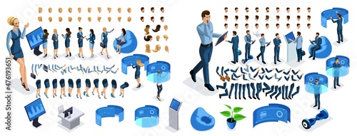 Isometric business lady and businessman with gadgets. Create your character, a set of emotions, gestures of hands, feet, hairstyles. Set 3