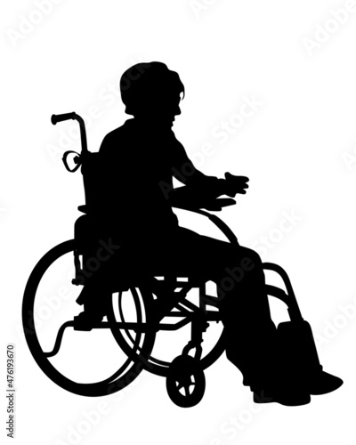 Disabled people in wheelchairs are driving down the street. Isolated silhouettes on white background