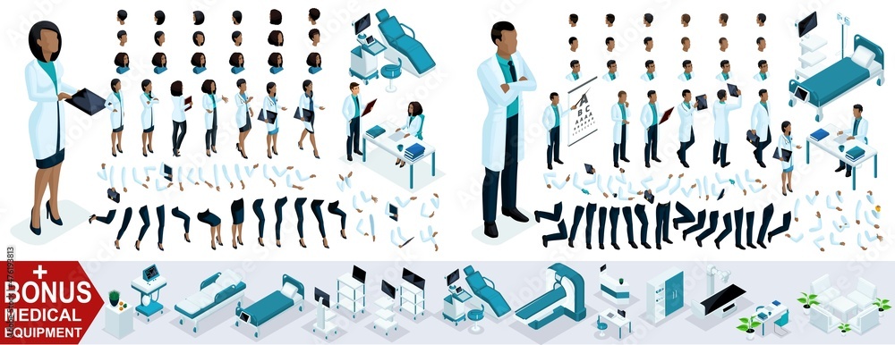 Isometric Woman and Man Doctor African American, create your 3D surgeon, sets of gestures of the feet, hands and emotions. Bonus medical equipment, set 3