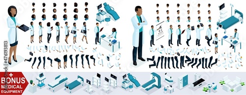 Isometric Woman and Man Doctor African American, create your 3D surgeon, sets of gestures of the feet, hands and emotions. Bonus medical equipment, set 3