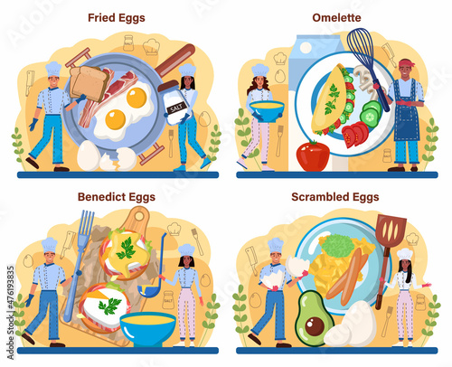 Tasty cooked eggs set. Scrambled, fried, omelette and eggs benedict
