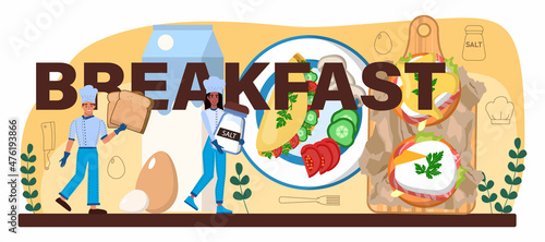 Breakfast typographic header. Tasty cooked eggs. Scrambled, fried, omelette