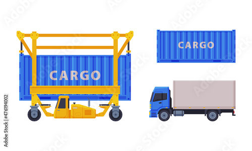 Large Truck as Cargo Transport and Metal Container as Freight Delivering Service Vector Set