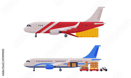 Cargo Jet Airplane with Metal Container as Freight Delivering Service Vector Set