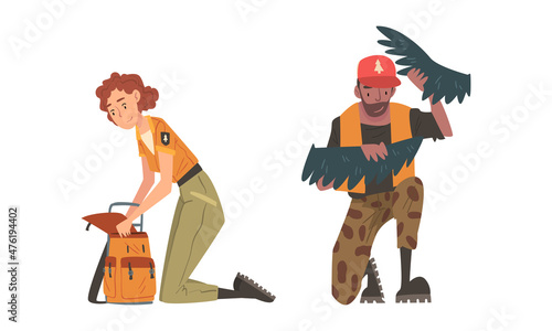 Man and Woman Forest Ranger in Uniform at National Park Protecting and Preserving Flora and Fauna Vector Set