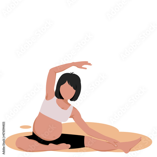 Front view of No face Pregnant woman yoga easy pose .Cartoon young short hair  woman Pregnant doing basic yoga and sitting on the floor.Vector isolate flat design concept for exercising prenatal.