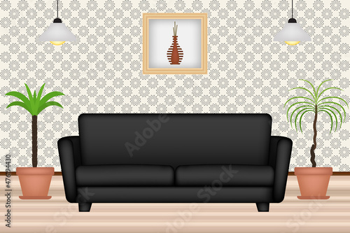 Simple room with sofa, canvas painting, plants and tapestry wallpaper, vector illustration