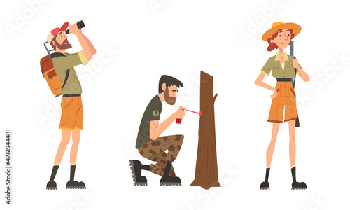 Man and Woman Forest Ranger in Uniform at National Park Protecting and Preserving Tree Vector Set