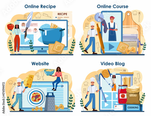 Pasta online service or platform set. Italian food with cheese, meat