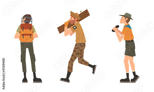 Man Forest Ranger in Uniform at National Park Protecting and Preserving Flora Vector Set