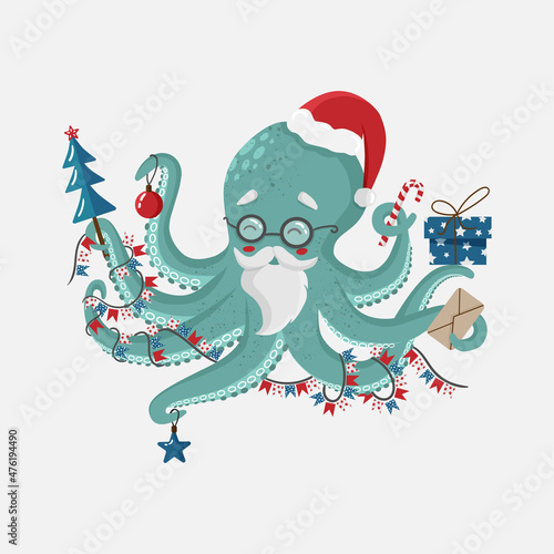 New year illustration of octopus with beard and santa claus hat. Blue octopus in vector with gifts Christmas tree, candies, garland, letter. New year illustration of octopus with beard and santa claus