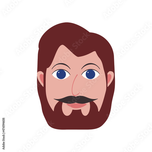 Male hipster cartoon character icon. Young man with beard and mustache. Smile face.