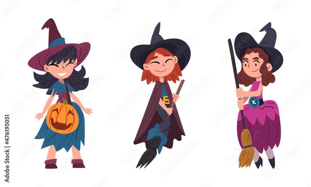 Funny Girl Witch Wearing Pointed Hat Holding Broom Vector Set Funny Girl Witch Wearing Pointed Hat Holding Broom Vector Set