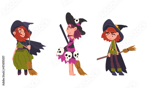 Funny Girl Witch Wearing Pointed Hat Holding Broom Vector Set