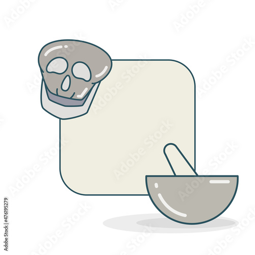 blank note board with skull and mortar and pestle vector illustration