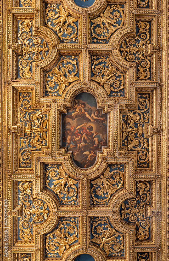 ROME, ITALY - AUGUST 29, 2021: The baroque coffered ceiling in the church Basilica di San Crisogono is and depicts the Glory of Saint Chrysogonus by Guercino (1591 - 1666).