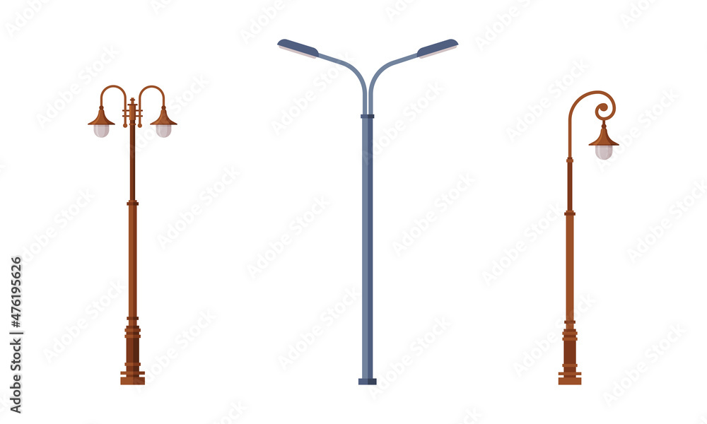 Street Light or Lamppost as City Park Light Source Vector Set Street Light or Lamppost as City Park Light Source Vector Set