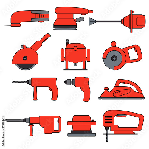 Electric power tools. Set of vector icons and illustration. Construction, repair and building. Drill, screwdriver, planer, jackhammer, jigsaw, plunge router.