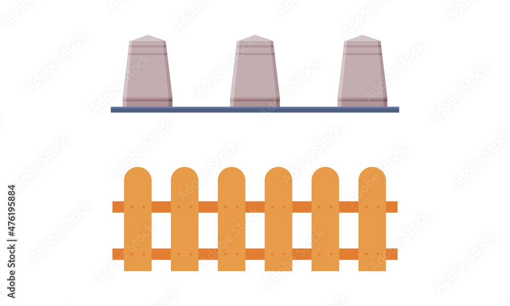 Fence and Stone Road Barrier as City Park Element Vector Set