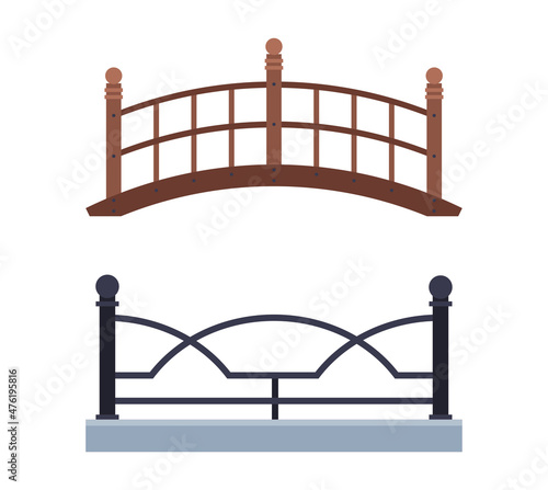 Iron Railing with Metal Pillar and Bridge as City Park Element Vector Set