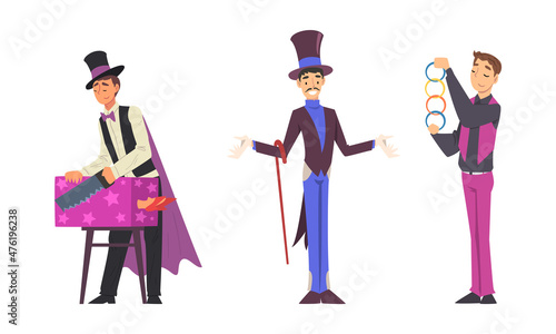 Man Magician with Top Hat Performing Different Magic Tricks on Stage with Saw and Rings Vector Set
