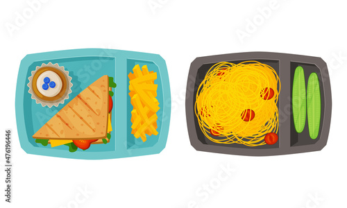 Meal Tray with Fresh Appetizing Food Rested in Different Section Above View Vector Set