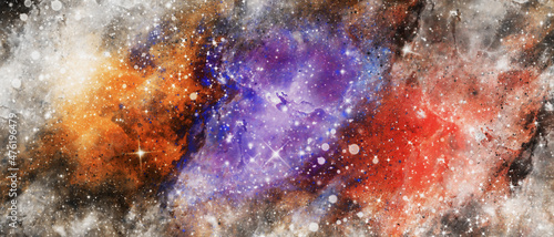 Vector cosmic watercolor illustration. Colorful space background with stars   Blue watercolor galaxy texture  fantazy universe  Purple clouds  Paint splash.