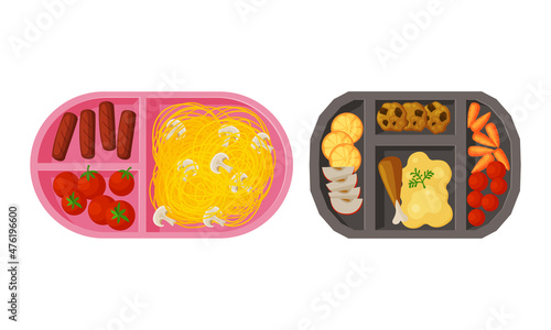 Meal Tray with Fresh Appetizing Food Rested in Different Section Above View Vector Set