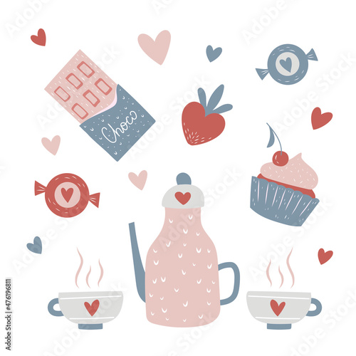 Vector Hand drawn set of sweet food ingredient. Big collection pastries and tea accessories.