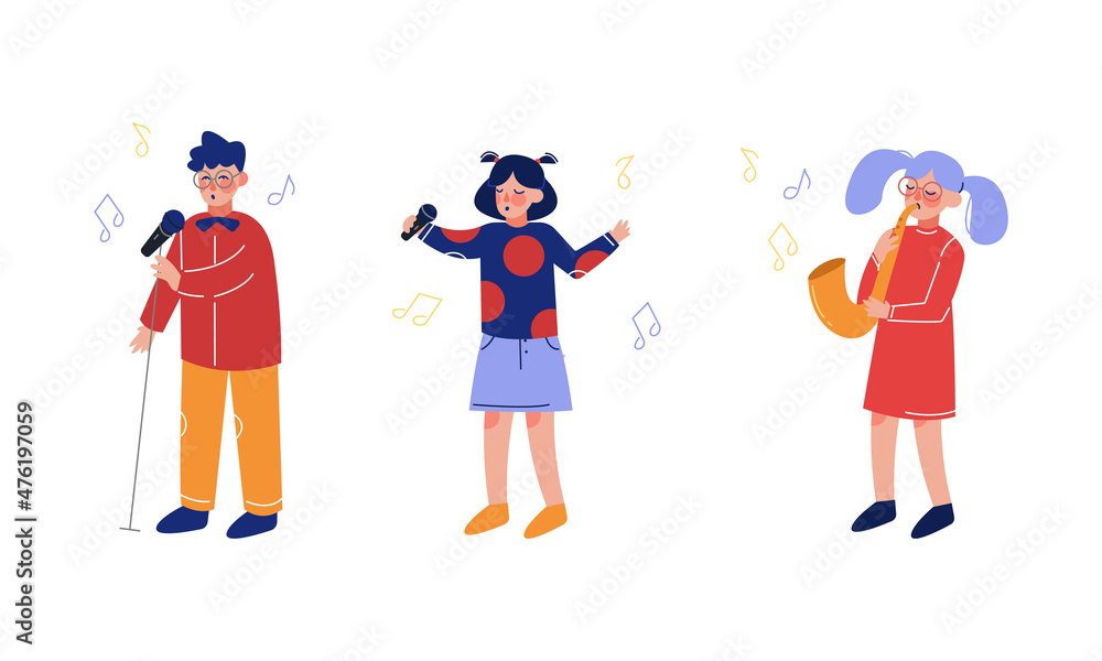 Teen Boy and Girl Playing Saxophone and Singing Song as Talented Musician Character Vector Set