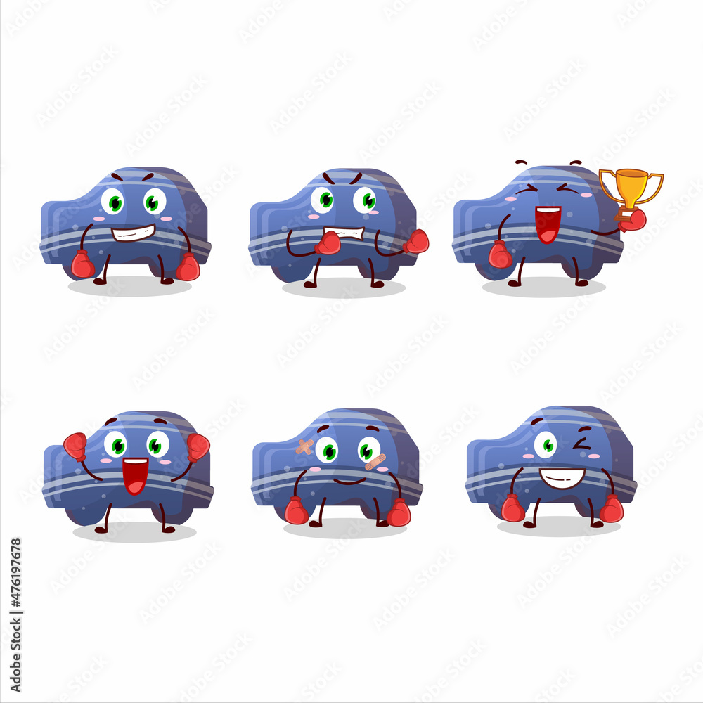 A sporty blue car gummy candy boxing athlete cartoon mascot design A sporty blue car gummy candy boxing athlete cartoon mascot design