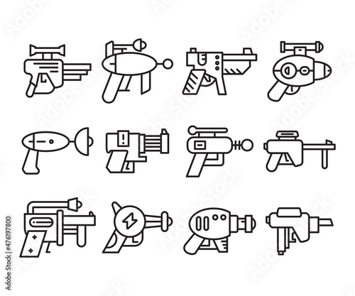 space gun and blaster icons set vector line illustration